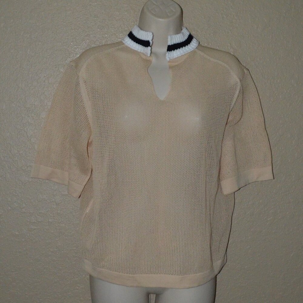 NWOT $520 2 S Dorothee Schumacher Beige Sheer Mesh Contrast Collar Blouse Top